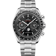 Quadrante blu spazzolato con indici rodiati e indicatore delle fasi lunari in cristallo metallico dell’Omega Speedmaster Moonphase 44,25 mm 304.33.44.52.03.001.